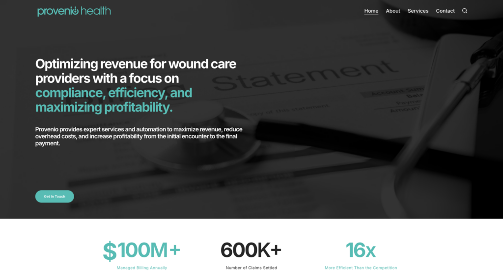Provenio Health website showcasing a modern, minimalist design with user-friendly navigation, reflecting the brand's core values of growth, collaboration, and transparency.